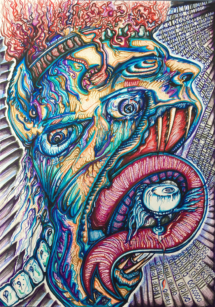 "Cyber Soul" by SOHA Medium: Pen on paper. This was a gut reaction to how Artificial Intelligence, quantum computing and various transhumanistic/computer/human combining technology could effect humanity, and it was at the timing of citizenship being given to the AI robot 'Sophia'. At the time I could see how these new advances could ultimately trap us into a state of dependance which could change the shape of how society functions and our own ideas of consciousness and soul could potential be warped by this if unchecked. This drawing is a Cyber Sick Soul, it is a persons consciousness and subconscious psyche being contorted and tortured into an irreality where bombardment of the 'other' (AI tech) is corrupting its true nature. I have written a quote in binary code around the figures head, "With Artificial Intelligence, we are summoning the demon." by Elon Musk. This fair warning sums up nicely the idea that cant fully grasp what this new technology will bring, and what inner or societal 'demons' we may be creating from a future filled with this technology.