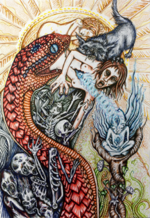 Initiation "Initiation"by SOHA Medium: Pen on paper. Initiation is a drawing of my experiences with my own internal struggle facing myself and my relationship with divinity. It started some years ago but the culmination has been a very shamanistic type of journey which led me to a state where I basically had to psychologically be 'reborn'. The demons or creatures of destruction energy, they are climbing up the snake and represent the necessary harassment for change I had to face, and the testing I faced. The snake is a universal symbol for well a lot of things but here it is: transmutational change. It eats the part of me that I thought I was; in order to leave a new freer version that is more connected to the Source of all things or 'God'. The wolf is my testing angel and my shadow self. The women in the sun is my higher self, and the blue creature is my life spark, my true self, my astral body and the part of me that awakened fully when I severed the link to old understanding and embraced a new vision of reality.
